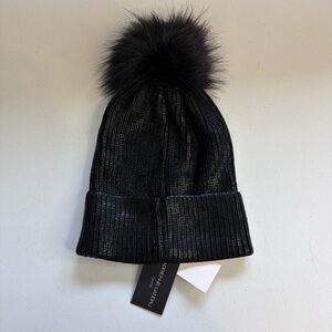 Adrienne Landau Onyx Black Ribbed Knit Beanie Hat Fur Pom Pom Winter Touque New